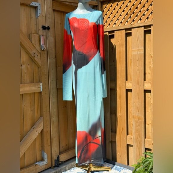 🆕 RAT & BOA 🧿 NWOT Santino Sheer Long Sleeve Dress, Blue with Red Tulip, Sz M - Picture 12 of 16